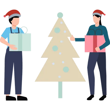 Boy and girl standing near Christmas tree with presents  일러스트레이션