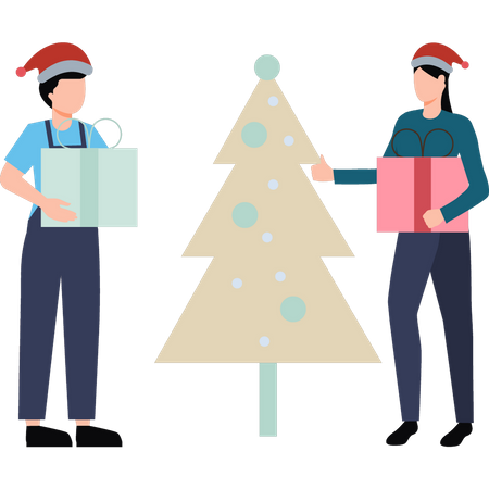 Boy and girl standing near Christmas tree with presents  Illustration