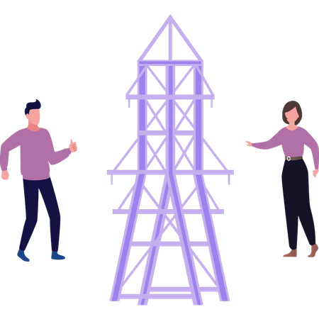 Boy and girl standing near electricity tower  Illustration