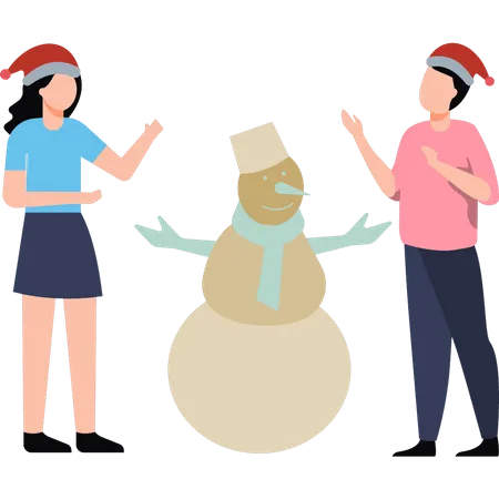 Boy and girl standing next to a snowman  Illustration