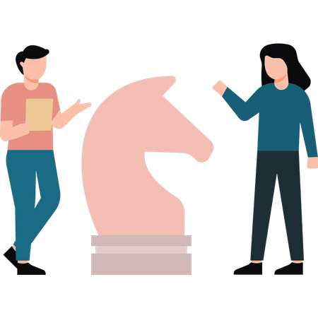 Boy and girl standing next to chess horse  Illustration