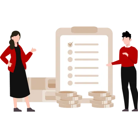 Boy and girl standing next to clipboard  Illustration