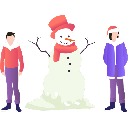 Boy and girl standing next to snowman  Illustration