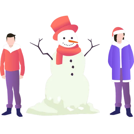 Boy and girl standing next to snowman  Illustration