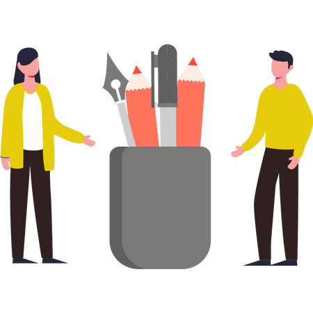 Boy and girl standing next to stationery box  Illustration
