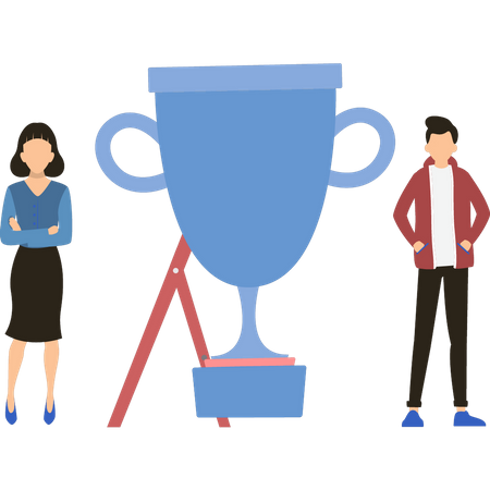 Boy and girl standing with trophy  Illustration