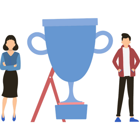 Boy and girl standing with trophy  Illustration