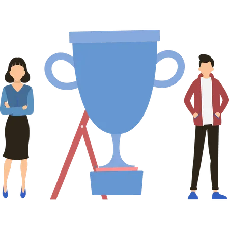 Boy and girl standing with trophy  Illustration