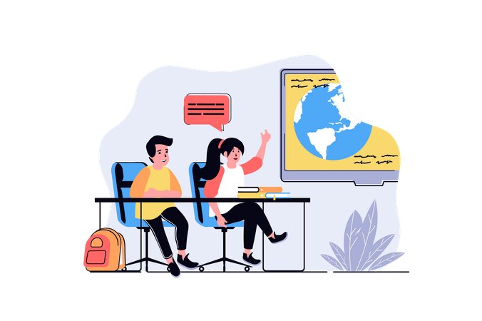 Boy and girl studying at lesson in classroom  Illustration