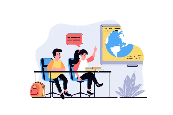 Boy and girl studying at lesson in classroom  Illustration
