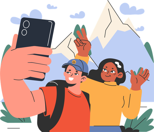 Boy and girl taking selfie during treking  Illustration