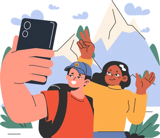 Boy and girl taking selfie during treking  Illustration