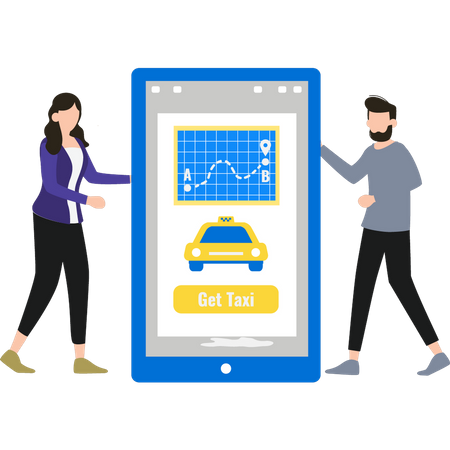 Boy and girl taking taxi online  Illustration