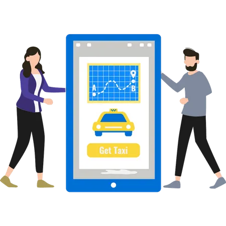 Boy And Girl Are Taking Taxi Online Illustration