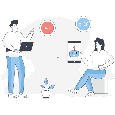 Boy and girl talking about AI translator  Illustration