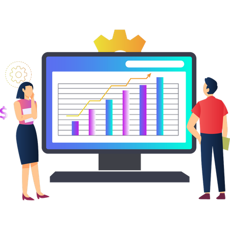 Boy and girl talking about business bar graph  Illustration