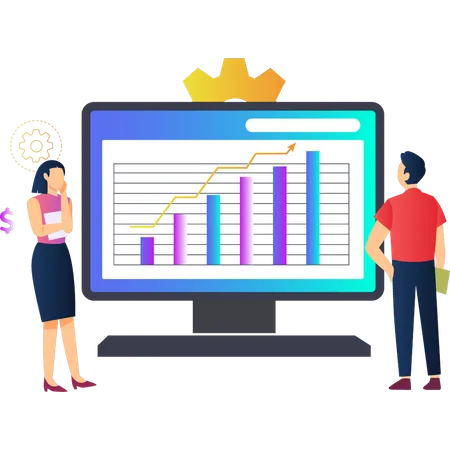 Boy and girl talking about business bar graph  Illustration