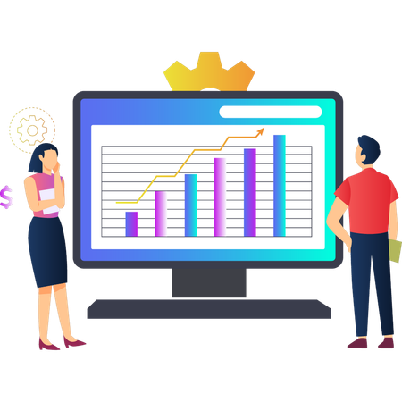 Boy and girl talking about business bar graph  Illustration