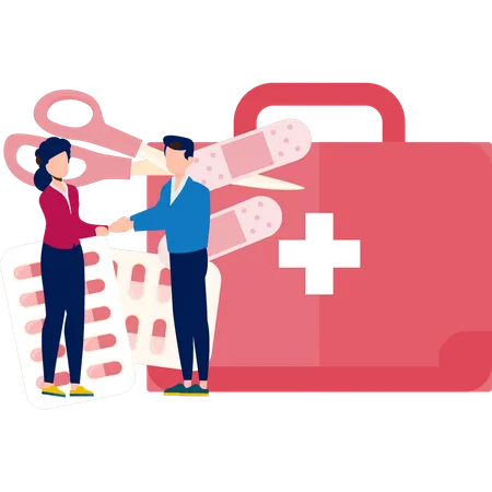 Boy And Girl Are Talking About Medical Kit Illustration