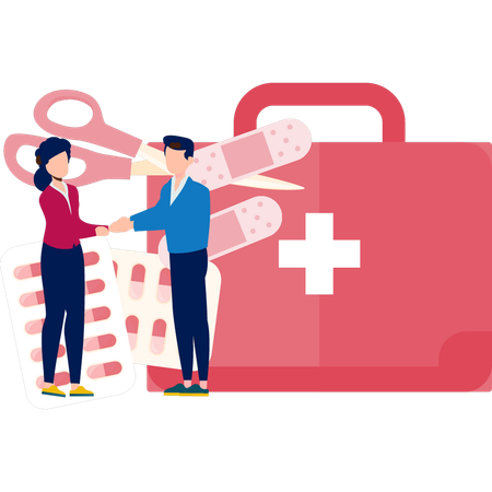 Boy And Girl Talking About Medical Kit  Illustration