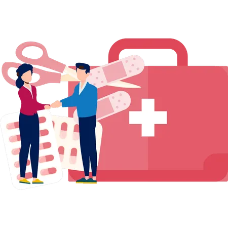 Boy And Girl Talking About Medical Kit  Illustration