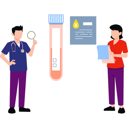 Boy and girl talking about test tube sample  Illustration