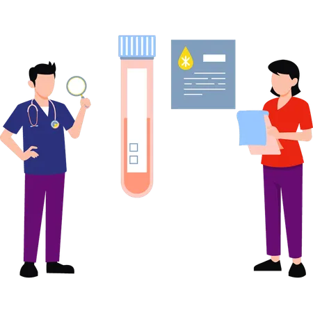 Boy and girl talking about test tube sample  Illustration