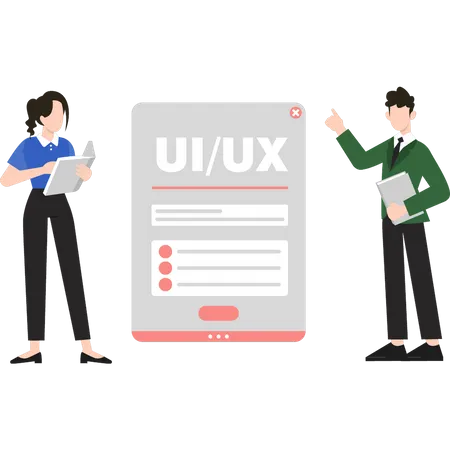 Boy and girl talking about UI design  Illustration