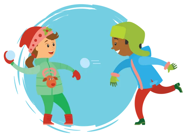 Boy and girl throwing snowball at each other  Illustration