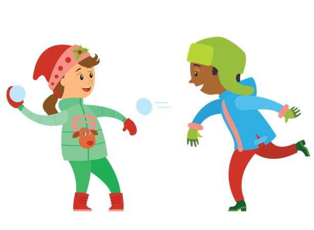 Boy and girl throwing snowball at each other  Illustration