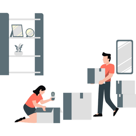 Boy and girl unpacking things together  Illustration