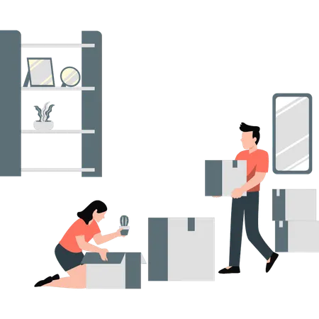 Boy and girl unpacking things together  Illustration