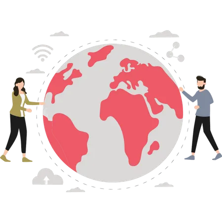 Boy and girl using global network  Illustration