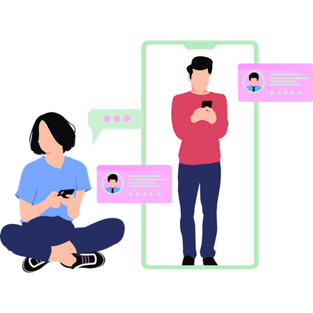 Boy and girl  using mobile phones  イラスト