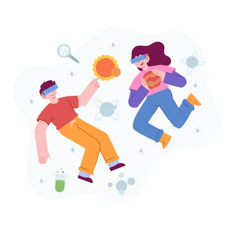 Boy and girl using vr tech  Illustration