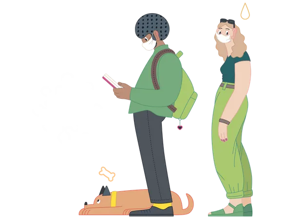 Boy and girl waiting in queue during covid Illustration