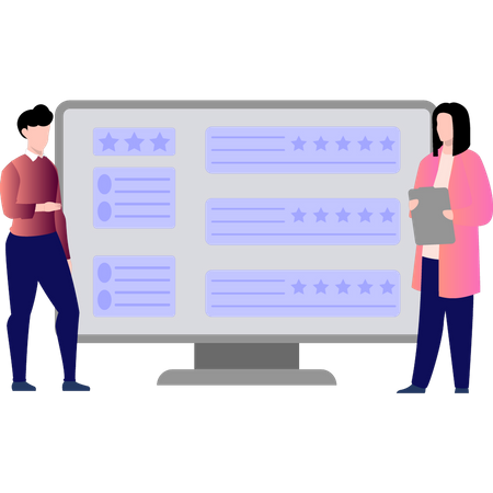 Boy and girl watching customer ratings on monitor  Illustration