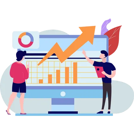 Boy and girl watching graph progress  Illustration