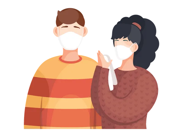 Boy and girl wearing facemask  Illustration