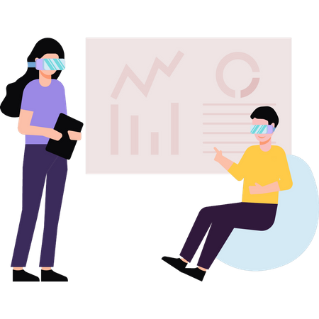 Boy and girl wearing VR glasses working on chart presentation  Illustration