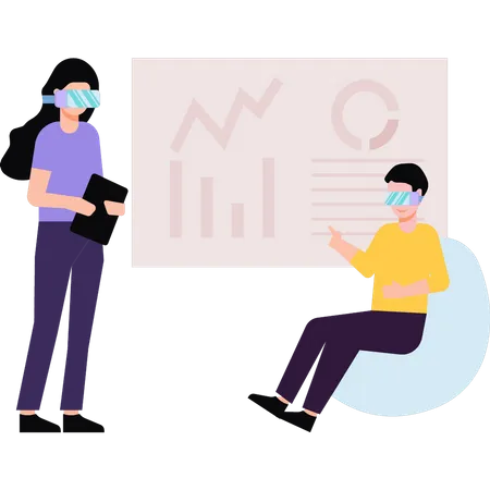 Boy and girl wearing VR glasses working on chart presentation  Illustration
