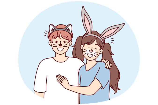 Boy and girl with animal ears and painted mustaches on faces for school masquerade  Illustration