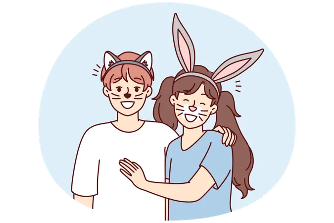 Boy and girl with animal ears and painted mustaches on faces for school masquerade  Illustration