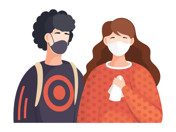 Boy and girl with facemask Illustration