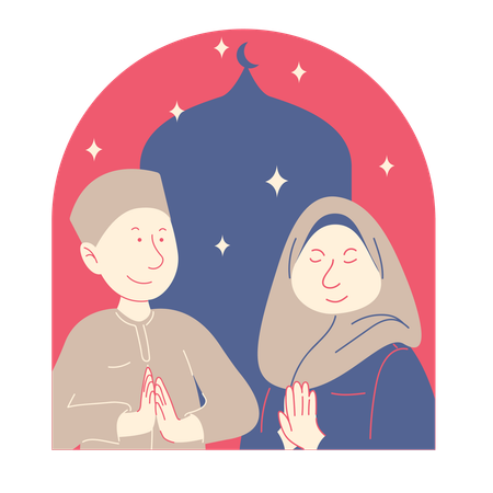 Boy and Girl with Their Hands in front During Ramadan  Illustration