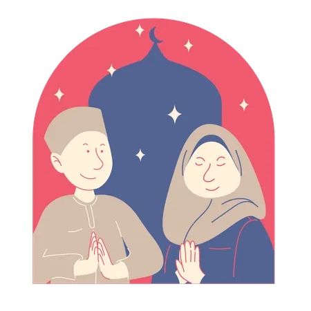 Boy and Girl with Their Hands in front During Ramadan  Illustration