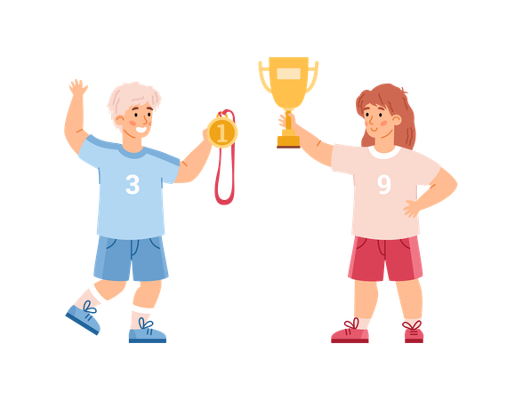 Boy and girl with trophy cup and gold medal  Illustration