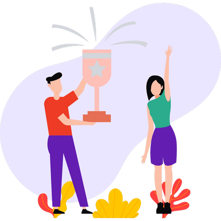Boy and girl won the trophy  Illustration