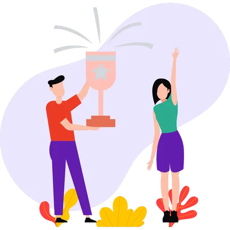 Boy and girl won the trophy  Illustration