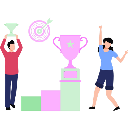 Boy and girl won  trophy  イラスト